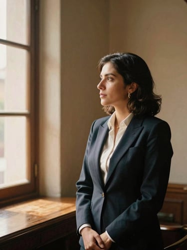 Warm portrait of a professional advisor looking thoughtfully towards a window, soft natural lighting, elegant Oaxacan office interior with wooden details