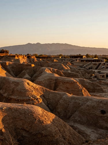 Wide environmental landscape shot of raw land in Tlalixtac under warm golden hour sun, soft late-afternoon light highlighting organic soil textures and distant mountains.