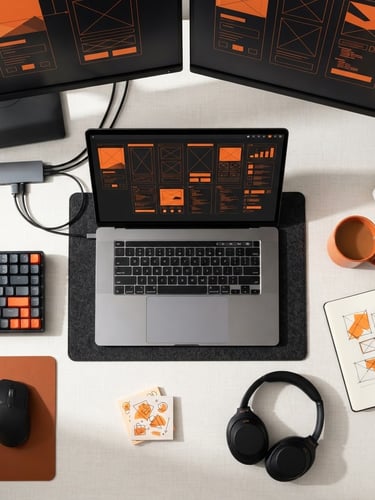 Overhead flat-lay of a developer's workspace, minimalist digital UI mockups on a screen, stark orange and black accents, crisp studio lighting, sharp shadows