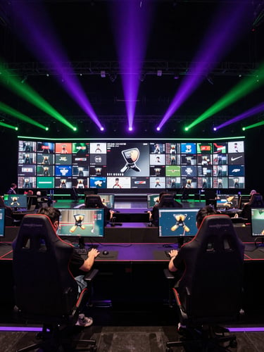 Wide shot of an esports arena stage at night, two competitors in gaming chairs facing giant monitor arrays, dramatic violet and green broadcast lighting cutting across a dark background, hands visible on keyboards in foreground
