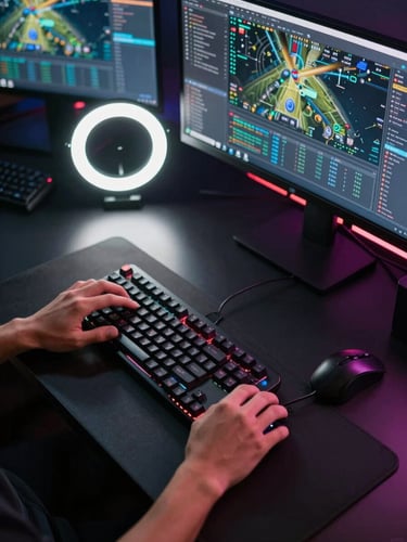 Close overhead shot of a streamer's hands on a mechanical keyboard and mouse at a dark desk, multiple monitors showing gameplay metrics and live chat in the background, dramatic ring-light glow on the setup, neon accent reflections on the desk surface