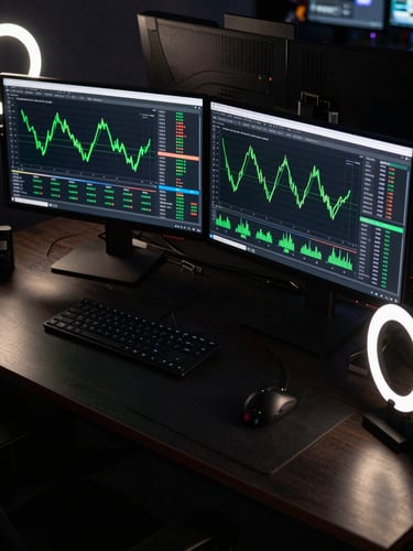 Close overhead shot of dual monitor setup in a dark gaming room, screens showing real-time bidding dashboards and audience funnel graphs with neon green data lines on black backgrounds, ring-light glow reflecting off desk surface, no faces visible