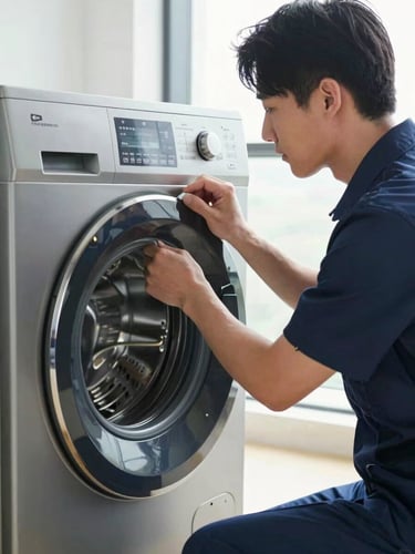 A professional technician in a clean navy uniform adjusting the digital dial of a modern premium washing machine, bright natural daylight, cool metallic tones, sharp focus, 35mm lens.