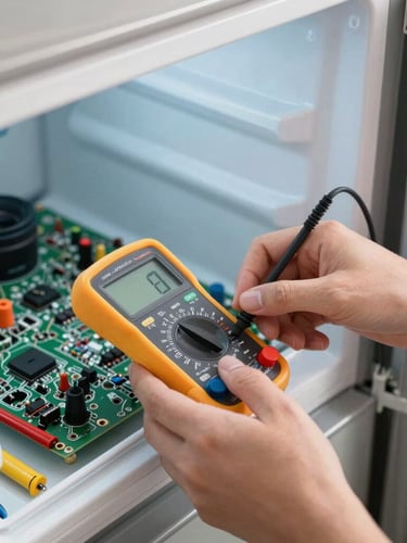 Close-up of clean hands using a precise digital multimeter on a modern high-end refrigerator circuit board, organized tools nearby, cool metallic tones, sharp focus, 35mm lens.