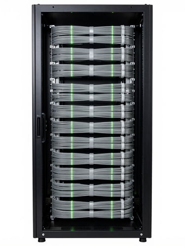 Straight-on architectural elevation of a pristine server rack, immaculate black metal frame, perfectly dressed gray cables bound in ultra-neat parallel bundles, soft green LED status lights shining in dark interior.