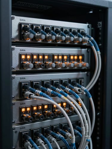 Extreme close-up of a SIRA-compliant server rack, immaculate comb-dressed cabling running into a steel patch panel, sharp orange LED status indicators glowing in a dark server room.