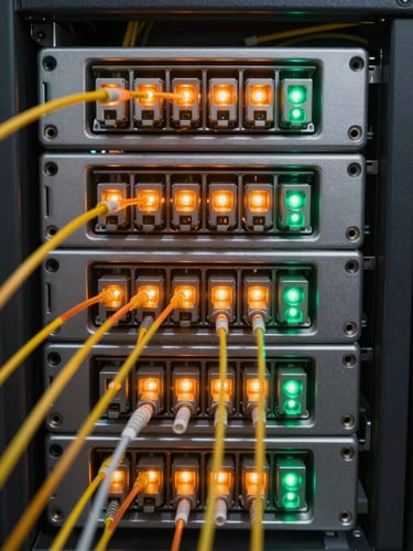 Extreme macro detail of physical fiber optic connections inside a server rack, sharp native orange and green LED status lights glowing, straight-on architectural framing, cool steel-gray tones.