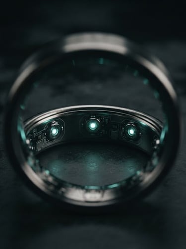 Macro close-up of a sleek liquid metal smart ring showing inner sensor nodes glowing with a faint teal light, dark studio setting, shallow depth of field