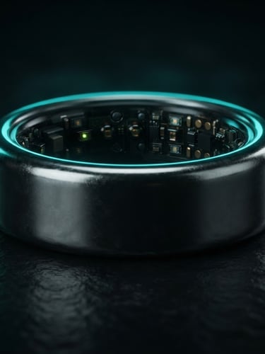 Macro close-up of a sleek liquid metal smart ring showing subtle inner sensor nodes, dark moody studio lighting with sharp neon teal rim light, shallow depth of field