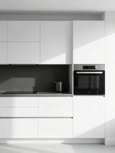Minimalist interior photography, crisp natural daylight, a newly installed modern kitchen in Fribourg, clean black and white tones, sharp focus, 35mm