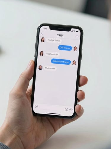 Bright, diffused daylight shot of a hand holding a smartphone displaying a clean medical chat interface, pristine white desk background.