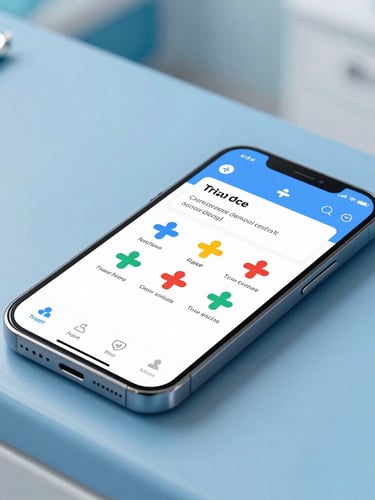 Macro shot of a modern smartphone displaying a clean medical triage interface resting on a pristine blue clinic counter, bright diffused studio lighting