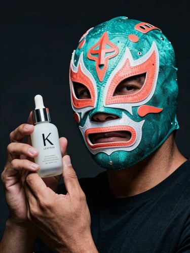 Studio portrait of a Mexican luchador wearing a highly detailed, custom teal and coral mask, holding a sleek minimalist K-beauty serum bottle, dramatic high-contrast lighting, dark background, 35mm