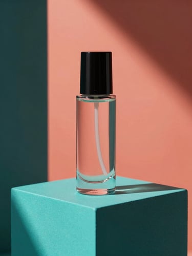 Sleek K-beauty bottle placed on a geometric teal pedestal, high-contrast studio lighting, dramatic shadows, saturated teal and coral tones, sharp focus, 35mm