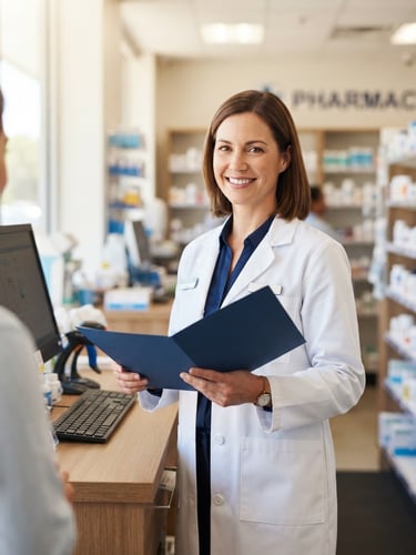 A professional clinical pharmacist in a pristine white coat, holding a consultation folder, warm friendly expression, sunlit modern pharmacy interior, shallow depth of field.