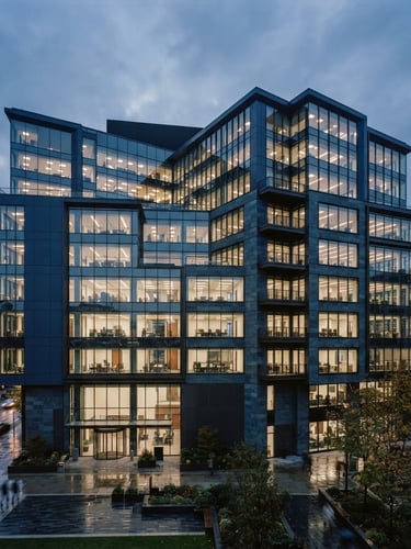 Wide shot of a modern office building exterior at dusk, sharp architectural lines, soft diffused light, muted navy and slate tones, 35mm