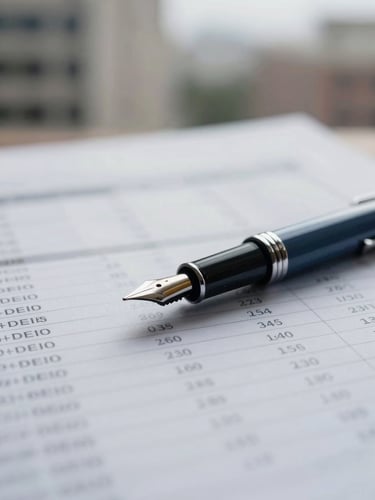 Close-up of a fountain pen resting on a high-quality financial report with blurred architectural background, soft diffused light, muted navy and slate tones, shallow depth of field.