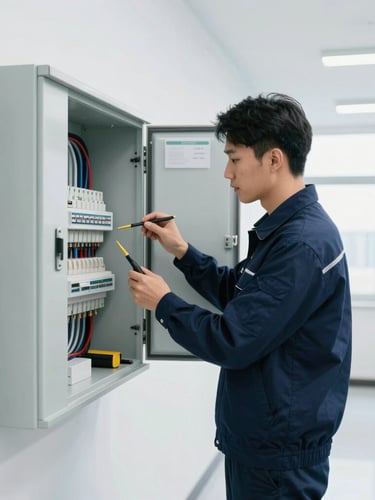 Medium shot of a professional technician in a clean dark blue uniform inspecting a modern building electrical panel with tools, bright interior lighting.