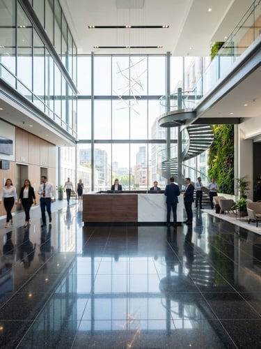Wide dynamic shot of a pristine modern corporate lobby with clean lines, high ceilings, bright natural light reflecting off polished granite floors, professional setting, 35mm lens