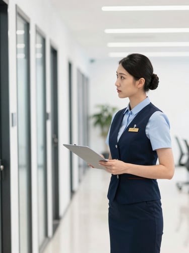 Focused professional supervisor in neat uniform inspecting a clean commercial building corridor, bright natural indoor lighting, realistic details.