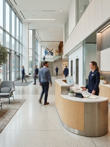 Wide environmental shot of a bright, modern corporate lobby with a clean reception desk, professional receptionist in neat dark blue uniform, natural light, 35mm lens