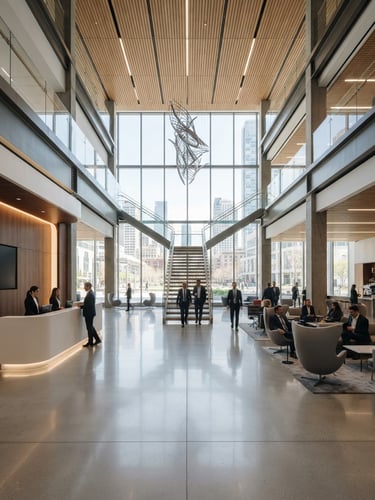 Wide-angle architectural shot of a modern corporate building lobby, clean polished concrete floors, bright natural light, professional composition.