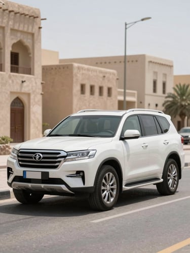 A clean modern white SUV parked in a bright, sunlit contemporary Muscat street with traditional Omani architecture softly out of focus in the background, natural bright daylight.
