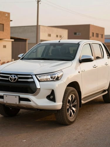 Authentic editorial automotive photography, a clean white Toyota Hilux parked on a dusty street in Khartoum during warm golden hour, natural lighting, realistic colors.