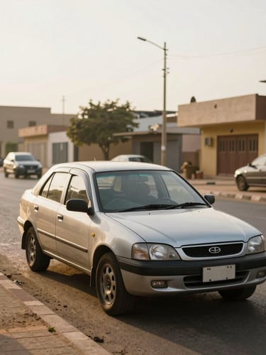A respectful documentary style photo of a parked car on a quiet street in Khartoum during golden hour, soft warm light, clean focus, environmental storytelling.