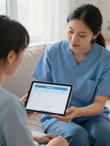 Support worker warmly interacting with an NDIS participant, both looking at a tablet showing a simplified progress report, in a comfortable home environment, soft natural daylight.