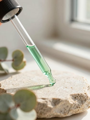 Macro close-up of a green-labeled glass pipette serum bottle resting on raw textured stone, soft morning window light, cream and eucalyptus tones, shallow depth of field, 35mm