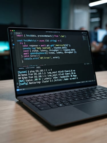 Medium close-up of a modern laptop screen displaying clean code and network diagnostics, cool studio light with subtle cyan ambient glow
