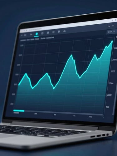 A sharp macro close-up of a modern laptop screen displaying real-time analytics charts with vibrant cyan lines, cool dark blue studio background.