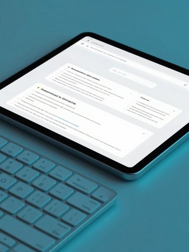 Sharp macro shot of a sleek keyboard and a tablet showing a responsive web layout wireframe, cool cyan ambient backlighting