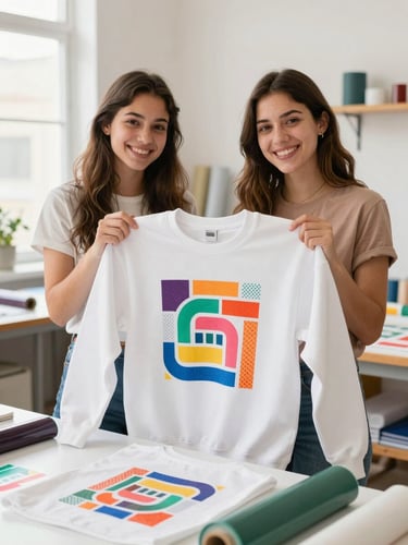 Two sisters smiling in their brightly lit print studio, holding a freshly printed custom colorful sweatshirt, rolls of vinyl and sublimation blanks in the soft-focus background, warm natural light