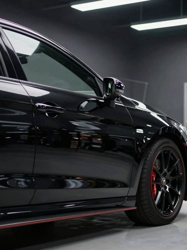 Perfil de un auto deportivo negro bajo luces lineales de un taller clínico de alta gama, reflejos nítidos en la pintura fresca, fondo oscuro.