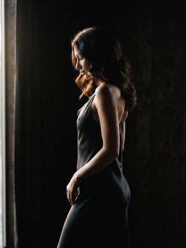 Low-key editorial photograph of a woman's silhouette in soft window light, draped in dark silk, warm champagne highlights, 35mm film grain