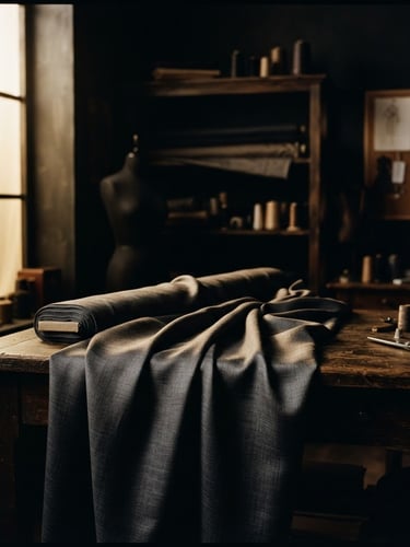 Low-key editorial photography of a high-fashion atelier interior, deep shadows, warm champagne light filtering through a window, elegant charcoal silk draped on a dark wooden table, 35mm film grain.