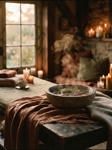 Warm editorial photography of a candlelit spa treatment room, soft golden-hour window light, steam rising from a stone bowl, rich earthy tones, shallow depth of field, 35mm