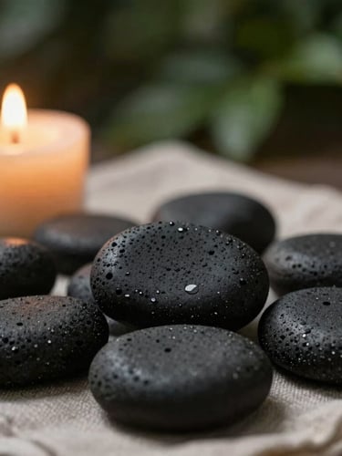 Macro photograph of warm black basalt stones resting on a linen cloth, soft candlelight, rich forest green background, shallow depth of field, 35mm