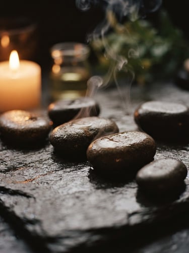 Close-up of warm massage stones on dark slate with soft golden candlelight and rising steam, rich earthy tones, shallow depth of field, 35mm