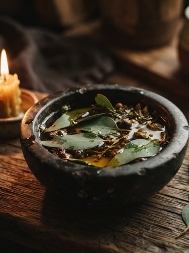 Warm editorial photography of a candlelit stone bowl with eucalyptus leaves and rich golden herbal oil, low-key atmosphere, shallow depth of field, 35mm