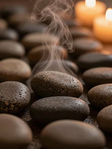 Close-up macro shot of warm smooth basalt stones placed along a spine, soft steam rising, warm candlelit background, low-key lighting, 35mm