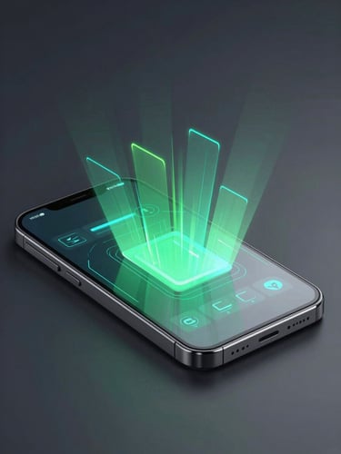 Isometric 3D render of a sleek slate-gray smartphone, glowing neon green and teal interface lines projecting from the screen, dark studio lighting, soft reflections on glass.