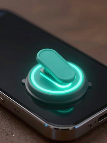 Extreme close-up 3D render of a glowing electric teal toggle switch on a dark glass smartphone interface, soft neon backlighting, shallow depth of field.