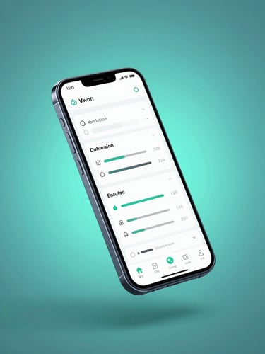 Isometric high-fidelity 3D render of a sleek dark Android device floating in a backlit studio with soft electric teal neon glow, displaying a clean system utility interface with minimal sliders.