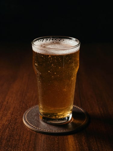 Low-key editorial shot of a glass of cold beer on a dark leather coaster, warm amber side-lighting, rich textures, 35mm film