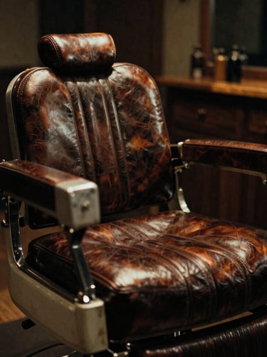 Low-key editorial photography of a vintage leather barber chair, dramatic side-lighting, warm amber highlights, deep shadows, rich textures, 35mm film