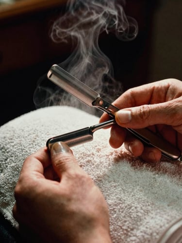 Hands of a barber holding a classic straight razor, catching the light, steam rising from a hot towel, rich textures, 35mm film