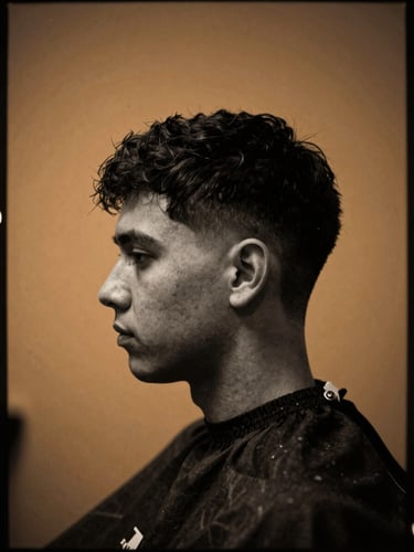 Black and white portrait of a young professional barber, sharp side profile, dramatic shadows, warm amber highlights